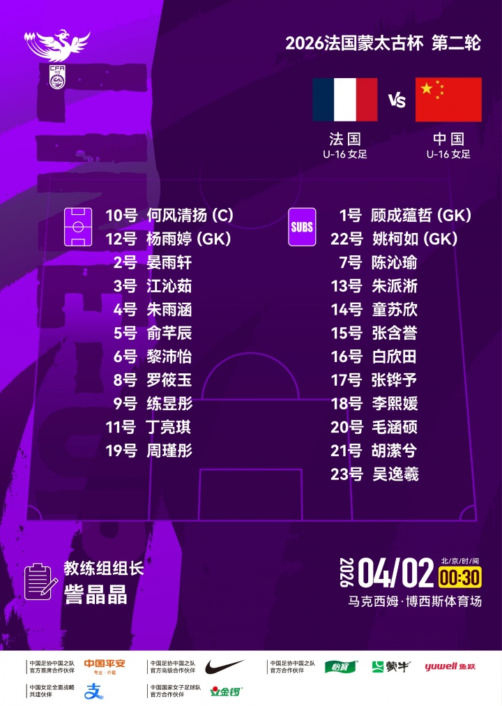 开云-中国U-16女足对阵法国U-16女足，中国队首发名单出炉！